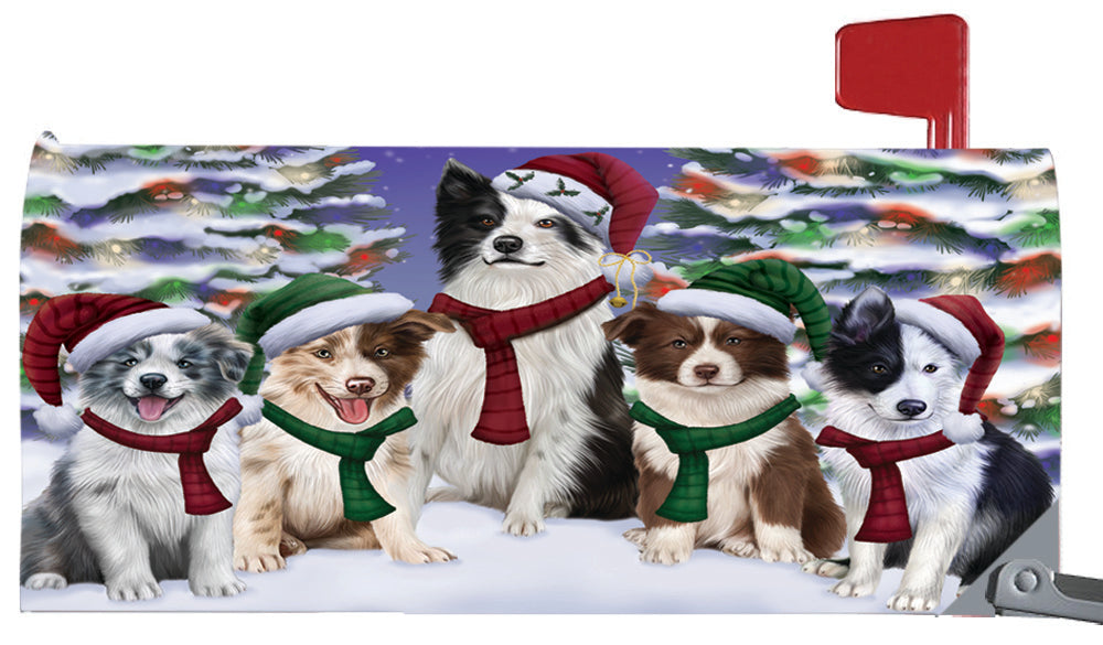 Magnetic Mailbox Cover Border Collies Dog Christmas Family Portrait in Holiday Scenic Background MBC48205