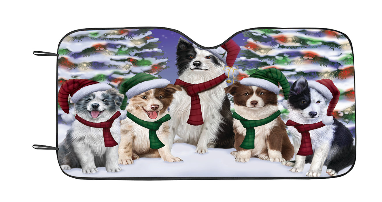 Border Collie Dogs Christmas Family Portrait in Holiday Scenic Background Car Sun Shade