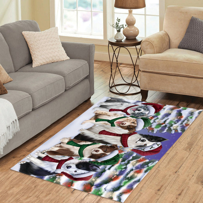Border Collie Dogs Christmas Family Portrait in Holiday Scenic Background Area Rug