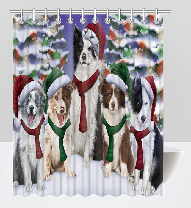 Border Collie Dogs Christmas Family Portrait in Holiday Scenic Background Shower Curtain