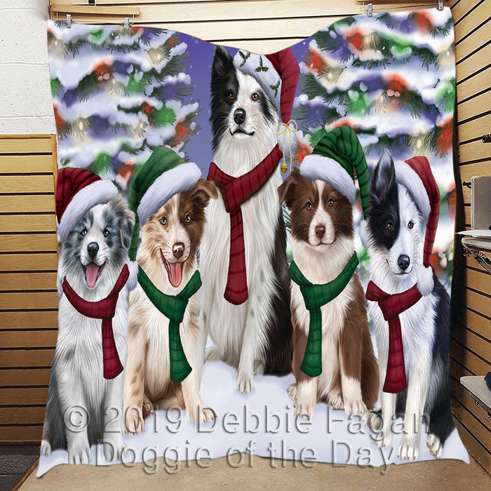 Border Collie Dogs Christmas Family Portrait in Holiday Scenic Background Quilt
