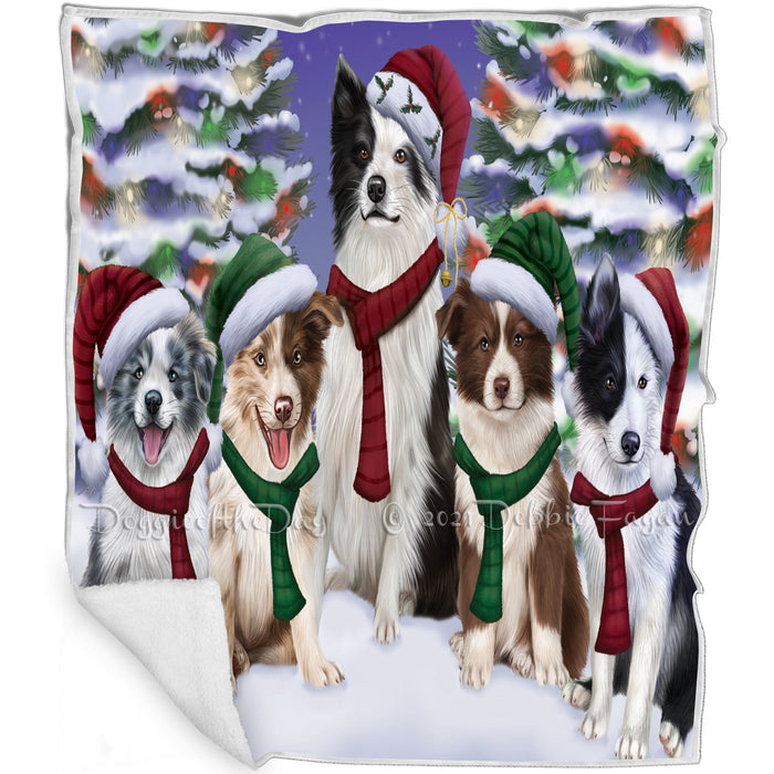 Border Collies Dog Christmas Family Portrait in Holiday Scenic Background Art Portrait Print Woven Throw Sherpa Plush Fleece Blanket