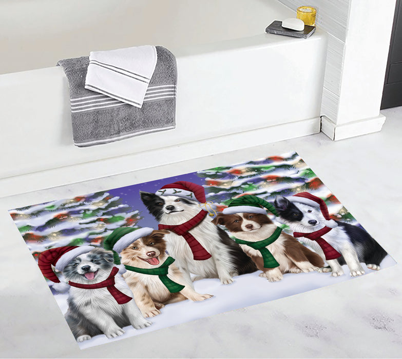 Border Collie Dogs Christmas Family Portrait in Holiday Scenic Background Bath Mat