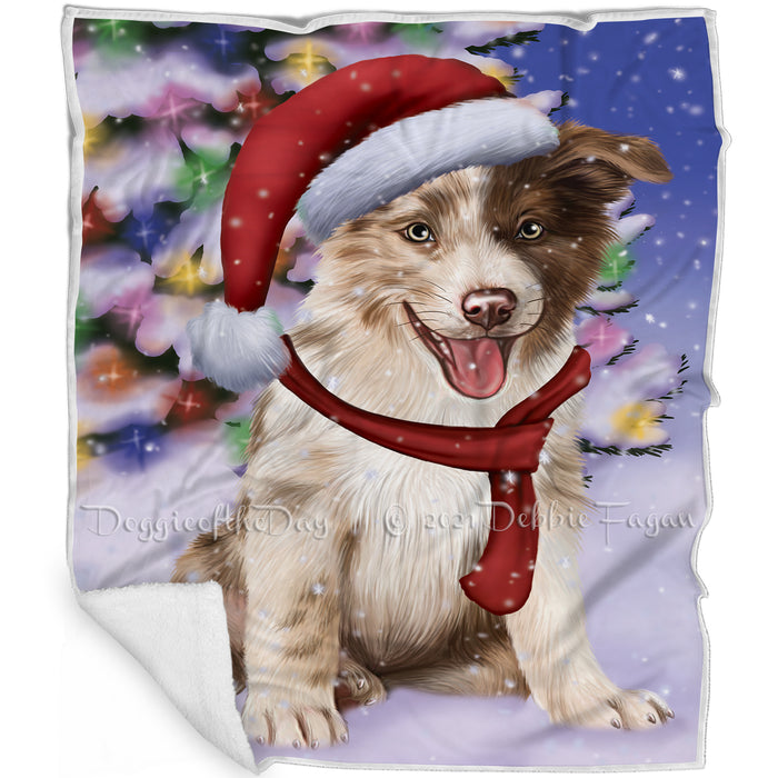 Winterland Wonderland Border Collies Puppy Dog In Christmas Holiday Scenic Background Blanket