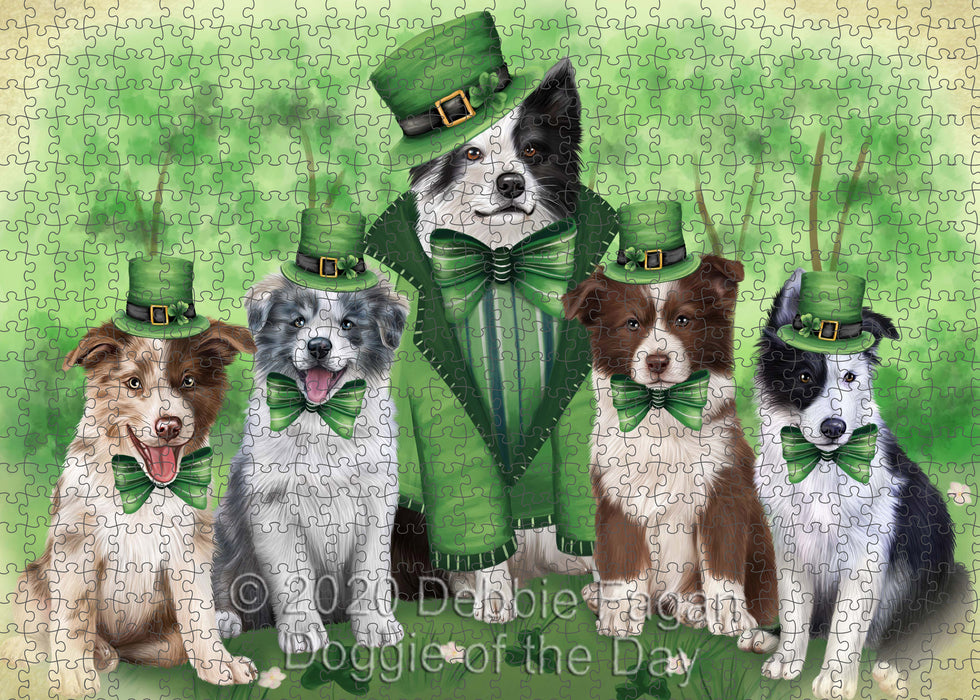St. Patrick's Day Family Border Collie Dogs Portrait Jigsaw Puzzle for Adults Animal Interlocking Puzzle Game Unique Gift for Dog Lover's with Metal Tin Box