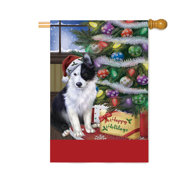 Personalized Christmas Happy Holidays Border Collie Dog with Tree and Presents Custom House Flag FLG-DOTD-A58660