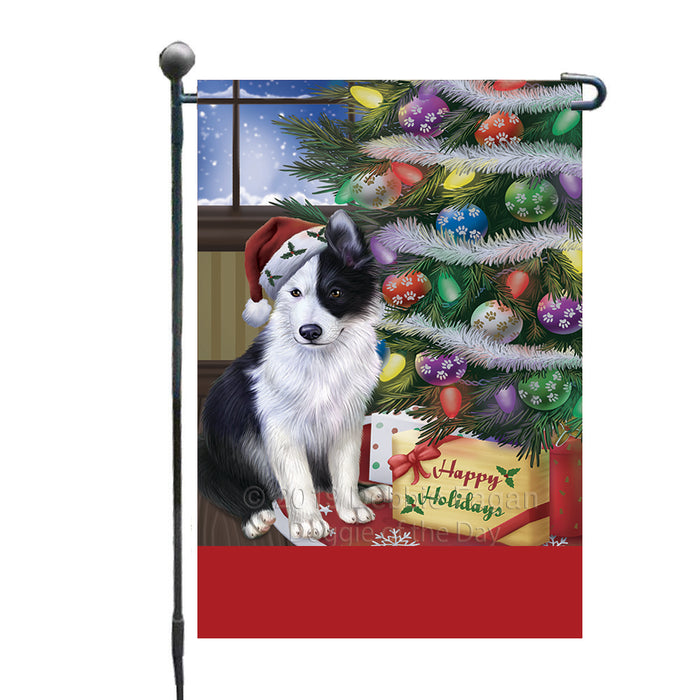 Personalized Christmas Happy Holidays Border Collie Dog with Tree and Presents Custom Garden Flags GFLG-DOTD-A58604