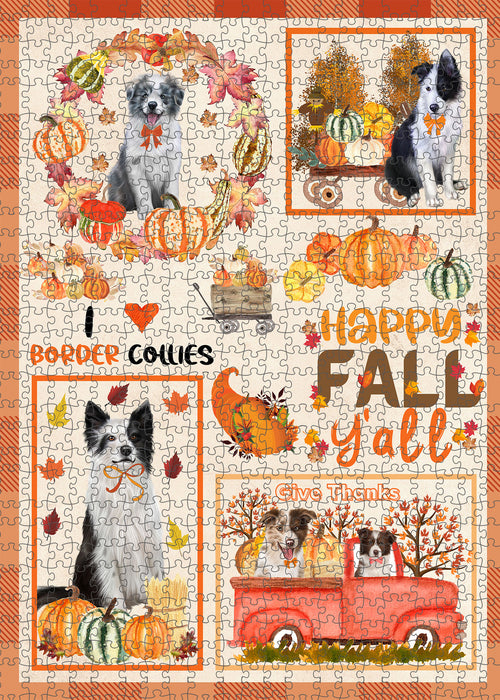 Happy Fall Y'all Pumpkin Border Collie Dogs Portrait Jigsaw Puzzle for Adults Animal Interlocking Puzzle Game Unique Gift for Dog Lover's with Metal Tin Box