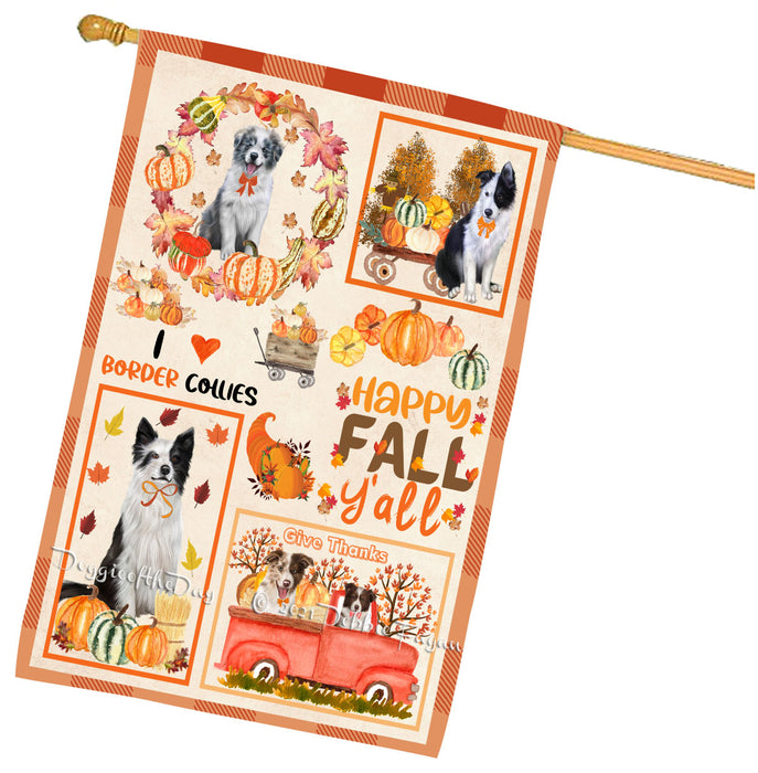 Happy Fall Y'all Pumpkin Border Collie Dogs House Flag Outdoor Decorative Double Sided Pet Portrait Weather Resistant Premium Quality Animal Printed Home Decorative Flags 100% Polyester