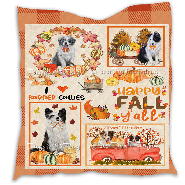 Happy Fall Y'all Pumpkin Border Collie Dogs Quilt Bed Coverlet Bedspread - Pets Comforter Unique One-side Animal Printing - Soft Lightweight Durable Washable Polyester Quilt