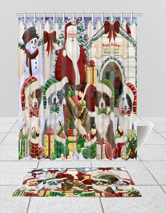 Happy Holidays Christmas Border Collie Dogs House Gathering Bath Mat and Shower Curtain Combo