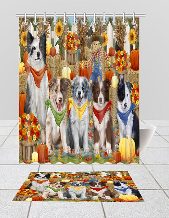Fall Festive Harvest Time Gathering Border Collie Dogs Bath Mat and Shower Curtain Combo