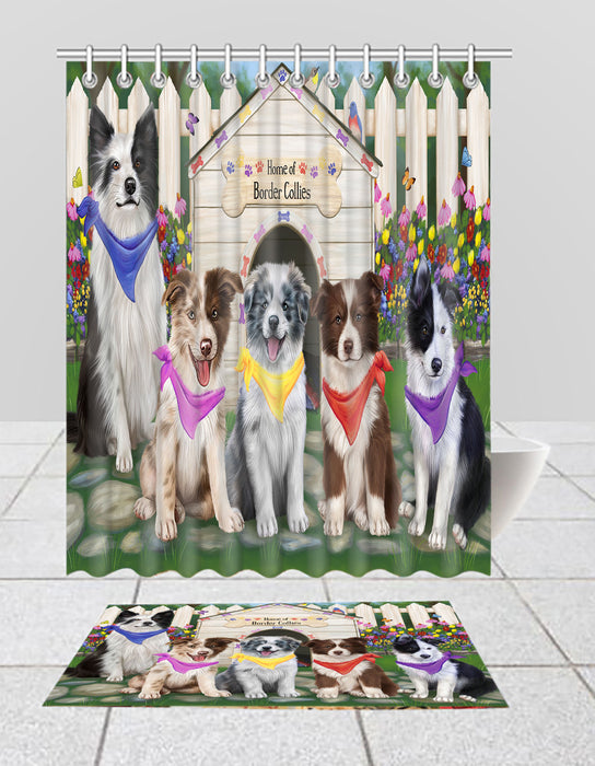Spring Dog House Border Collie Dogs Bath Mat and Shower Curtain Combo