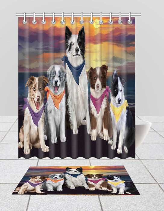 Family Sunset Portrait Border Collie Dogs Bath Mat and Shower Curtain Combo