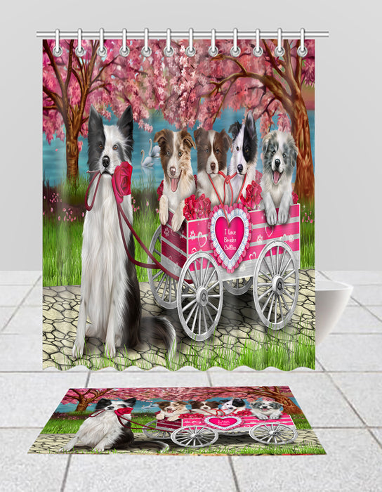 I Love Border Collie Dogs in a Cart Bath Mat and Shower Curtain Combo