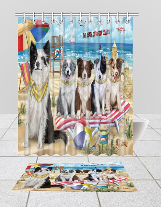 Pet Friendly Beach Border Collie Dogs Bath Mat and Shower Curtain Combo