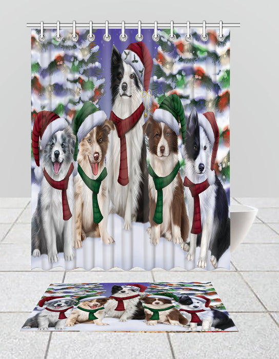 Border Collie Dogs Christmas Family Portrait in Holiday Scenic Background  Bath Mat and Shower Curtain Combo