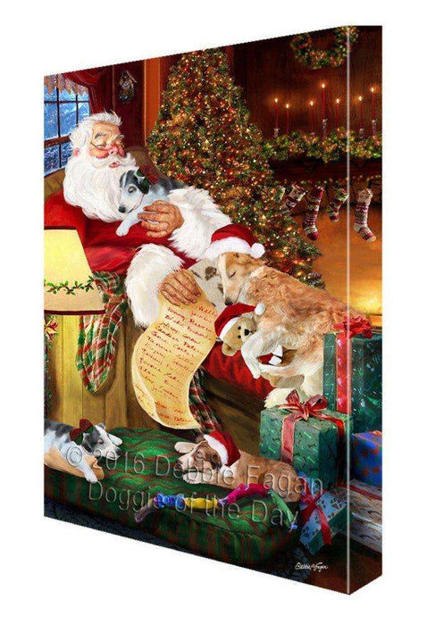 Borzoi Dog and Puppies Sleeping with Santa Painting Printed on Canvas Wall Art Signed