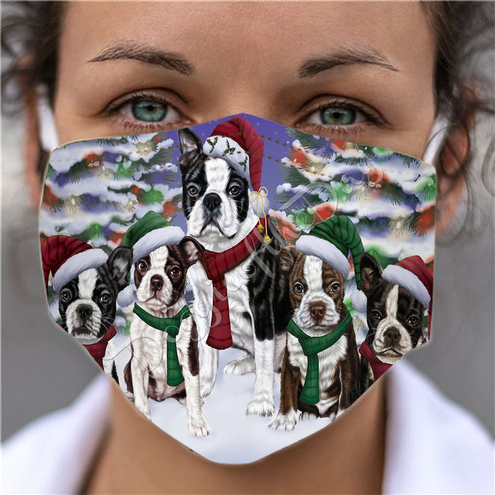 Boston Terrier Dogs Christmas Family Portrait in Holiday Scenic Background Face Mask FM48325