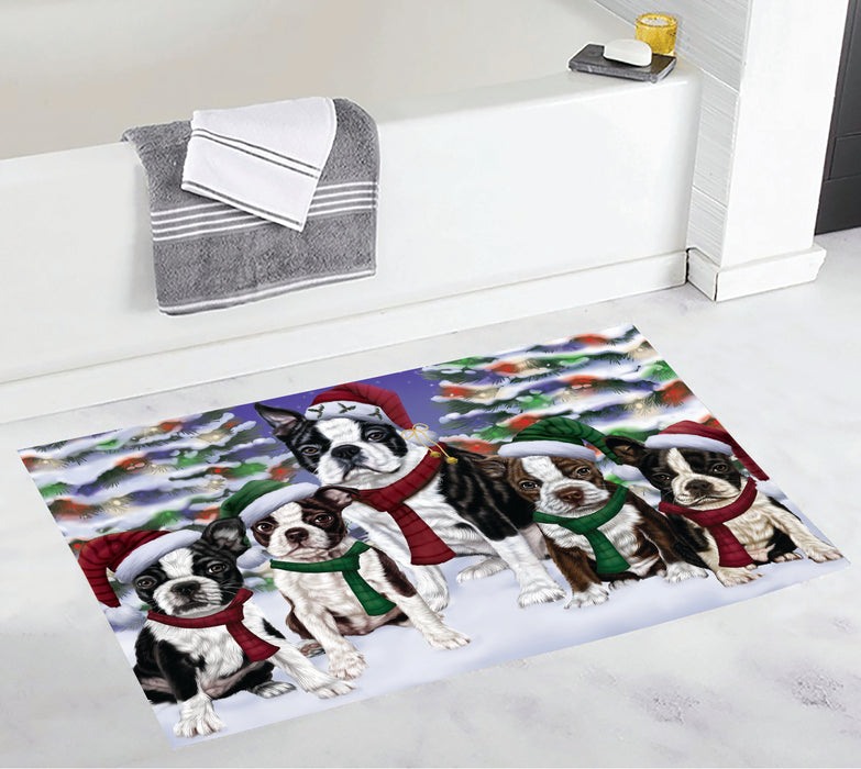 Boston Terrier Dogs Christmas Family Portrait in Holiday Scenic Background Bath Mat