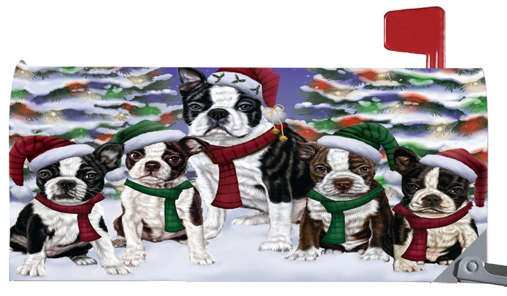 Magnetic Mailbox Cover Boston Terriers Dog Christmas Family Portrait in Holiday Scenic Background MBC48206