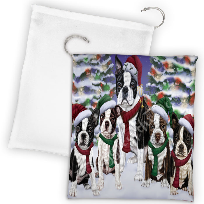 Boston Terrier Dogs Christmas Family Portrait in Holiday Scenic Background Drawstring Laundry or Gift Bag LGB48123