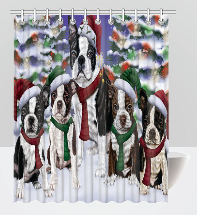 Boston Terrier Dogs Christmas Family Portrait in Holiday Scenic Background Shower Curtain