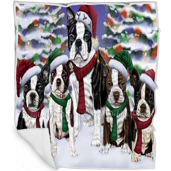 Boston Terrier Dog Christmas Family Portrait in Holiday Scenic Background Art Portrait Print Woven Throw Sherpa Plush Fleece Blanket