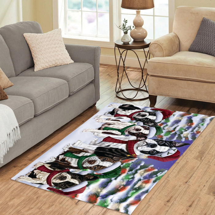 Boston Terrier Dogs Christmas Family Portrait in Holiday Scenic Background Area Rug