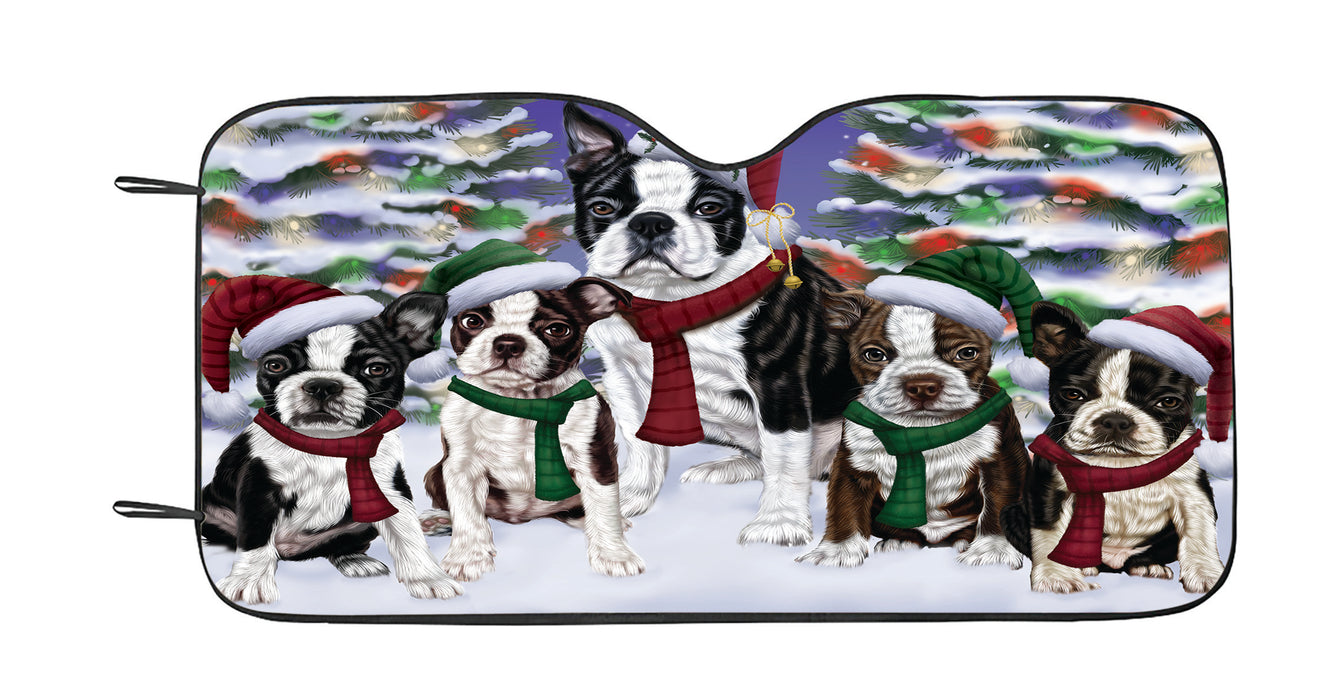 Boston Terrier Dogs Christmas Family Portrait in Holiday Scenic Background Car Sun Shade