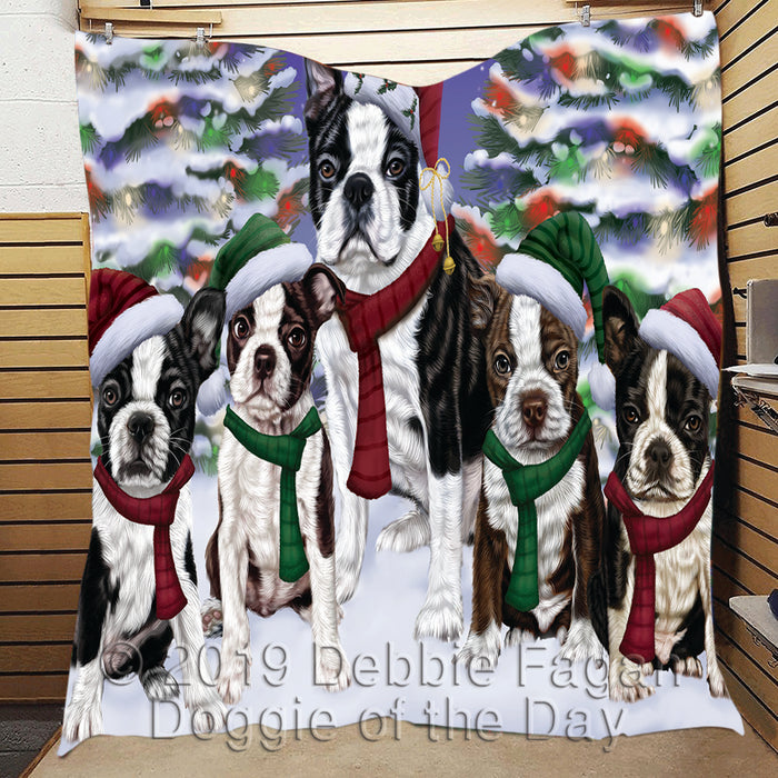 Boston Terrier Dogs Christmas Family Portrait in Holiday Scenic Background Quilt