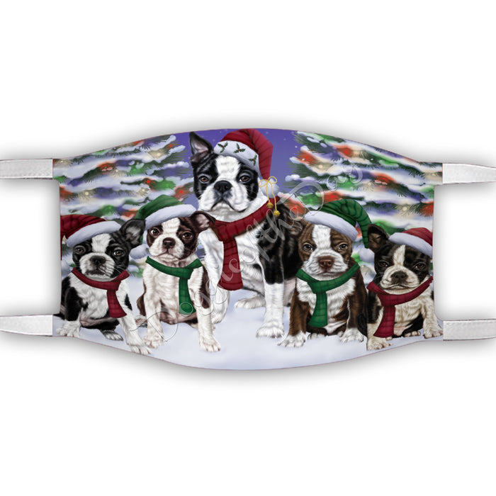 Boston Terrier Dogs Christmas Family Portrait in Holiday Scenic Background Face Mask FM48325