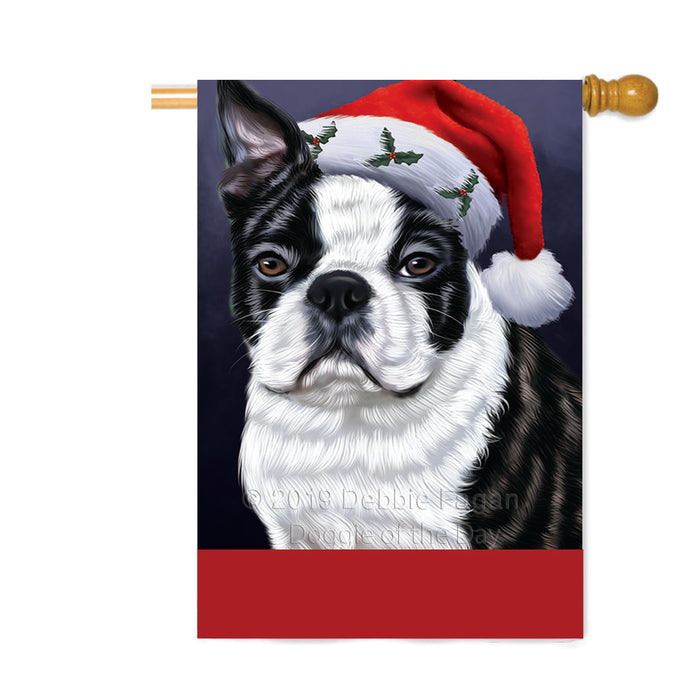 Personalized Christmas Holidays Boston Terrier Dog Wearing Santa Hat Portrait Head Custom House Flag FLG-DOTD-A59866