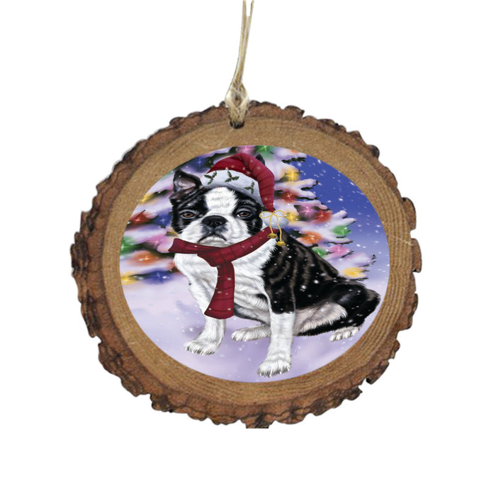 Winterland Wonderland Boston Terrier Dog In Christmas Holiday Scenic Background Wooden Christmas Ornament WOR49534