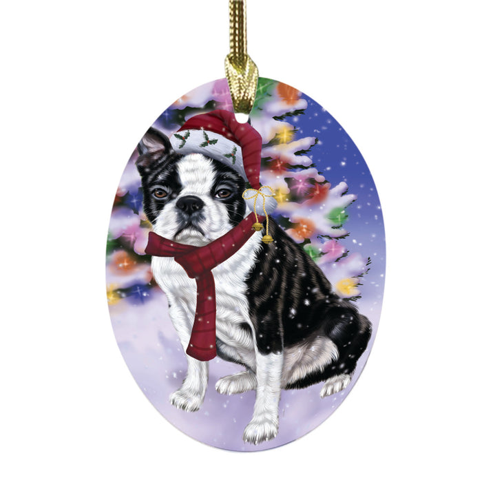 Winterland Wonderland Boston Terrier Dog In Christmas Holiday Scenic Background Oval Glass Christmas Ornament OGOR49534