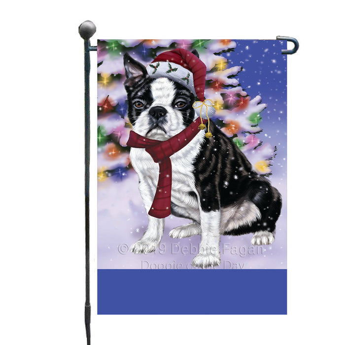 Personalized Winterland Wonderland Boston Terrier Dog In Christmas Holiday Scenic Background Custom Garden Flags GFLG-DOTD-A61255