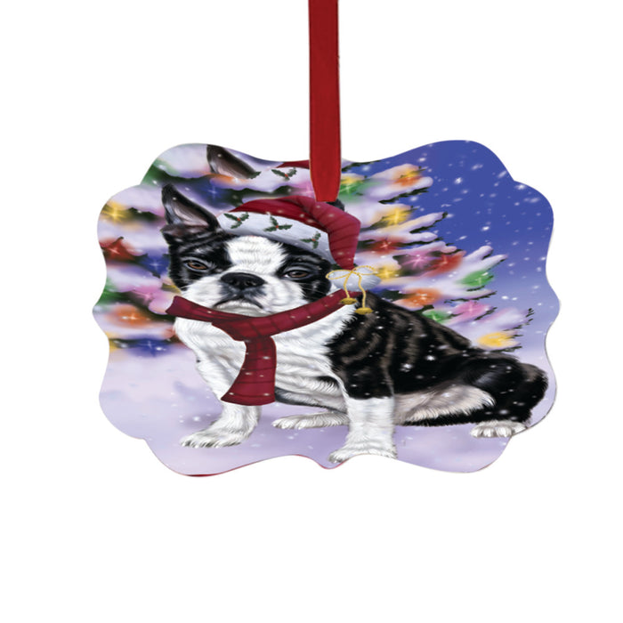 Winterland Wonderland Boston Terrier Dog In Christmas Holiday Scenic Background Double-Sided Photo Benelux Christmas Ornament LOR49534