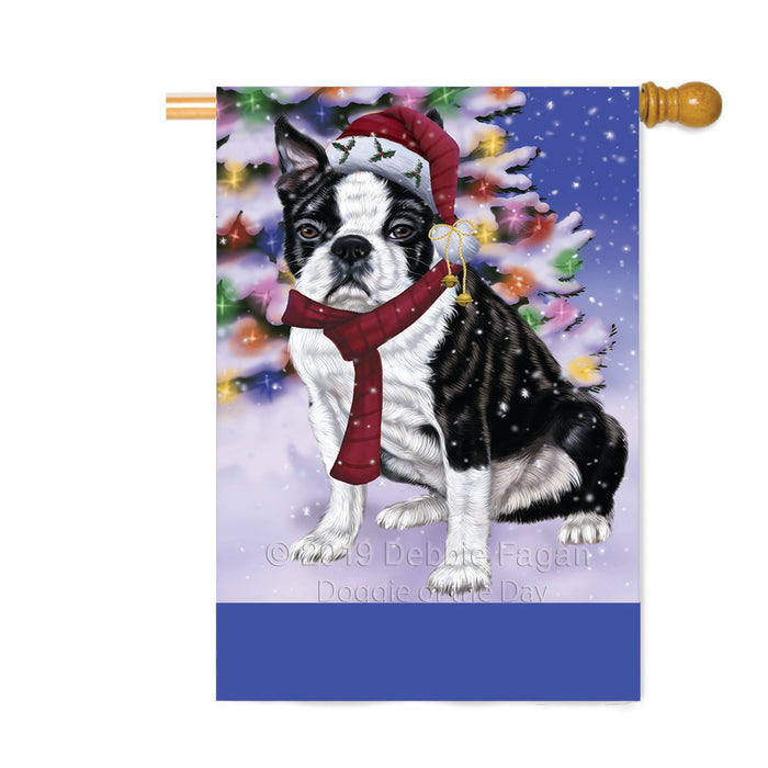 Personalized Winterland Wonderland Boston Terrier Dog In Christmas Holiday Scenic Background Custom House Flag FLG-DOTD-A61311