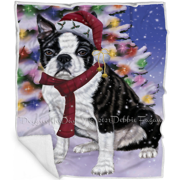 Winterland Wonderland Boston Terrier Dog In Christmas Holiday Scenic Background Blanket