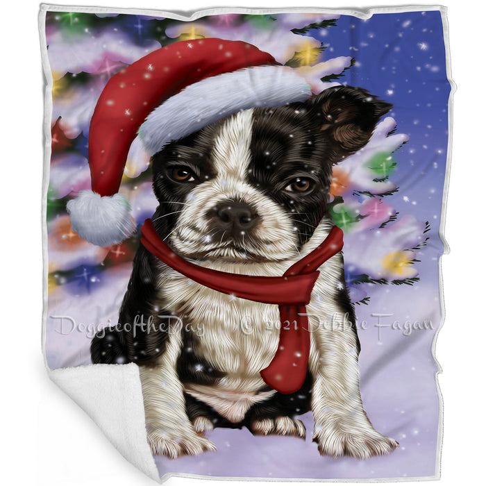 Winterland Wonderland Boston Terrier Dog In Christmas Holiday Scenic Background Blanket
