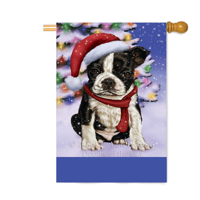Personalized Winterland Wonderland Boston Terrier Dog In Christmas Holiday Scenic Background Custom House Flag FLG-DOTD-A61312