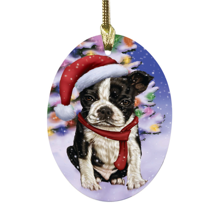 Winterland Wonderland Boston Terrier Dog In Christmas Holiday Scenic Background Oval Glass Christmas Ornament OGOR49535