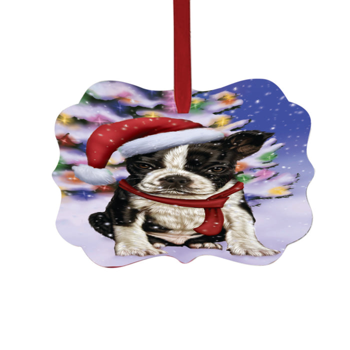 Winterland Wonderland Boston Terrier Dog In Christmas Holiday Scenic Background Double-Sided Photo Benelux Christmas Ornament LOR49535