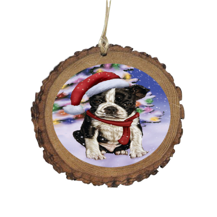 Winterland Wonderland Boston Terrier Dog In Christmas Holiday Scenic Background Wooden Christmas Ornament WOR49535