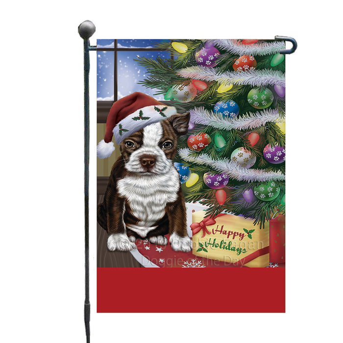 Personalized Christmas Happy Holidays Boston Terrier Dog with Tree and Presents Custom Garden Flags GFLG-DOTD-A58605