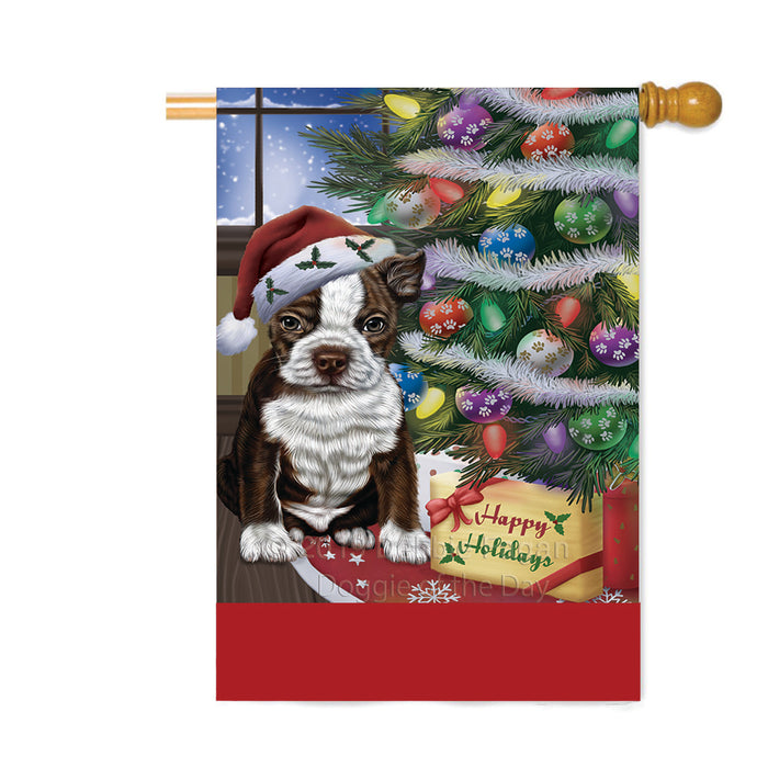 Personalized Christmas Happy Holidays Boston Terrier Dog with Tree and Presents Custom House Flag FLG-DOTD-A58661