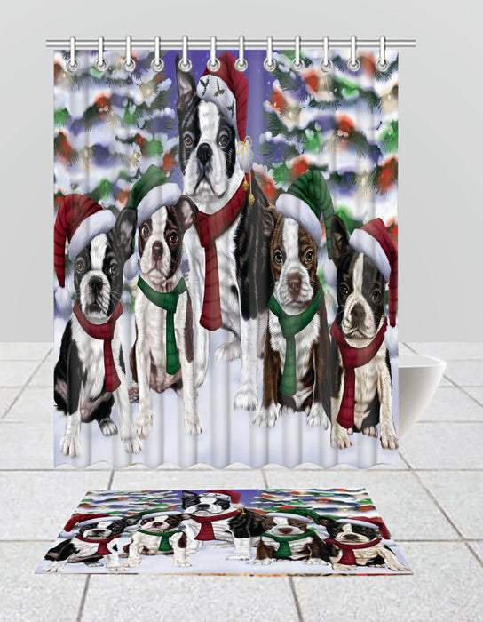 Boston Terrier Dogs Christmas Family Portrait in Holiday Scenic Background  Bath Mat and Shower Curtain Combo
