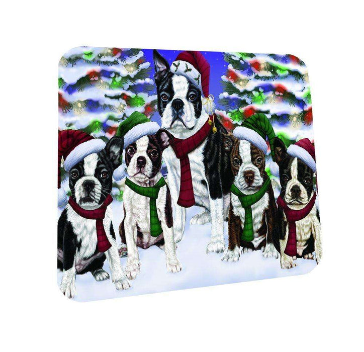 Boston Dog Christmas Family Portrait in Holiday Scenic Background Coasters Set of 4
