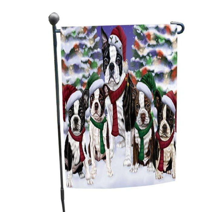 Boston Dog Christmas Family Portrait in Holiday Scenic Background Garden Flag