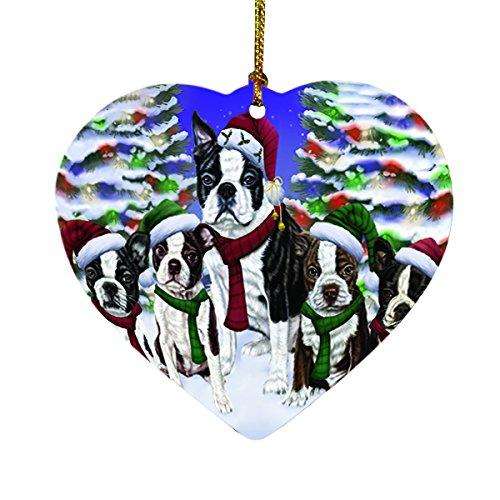 Boston Dog Christmas Family Portrait in Holiday Scenic Background Heart Ornament D135
